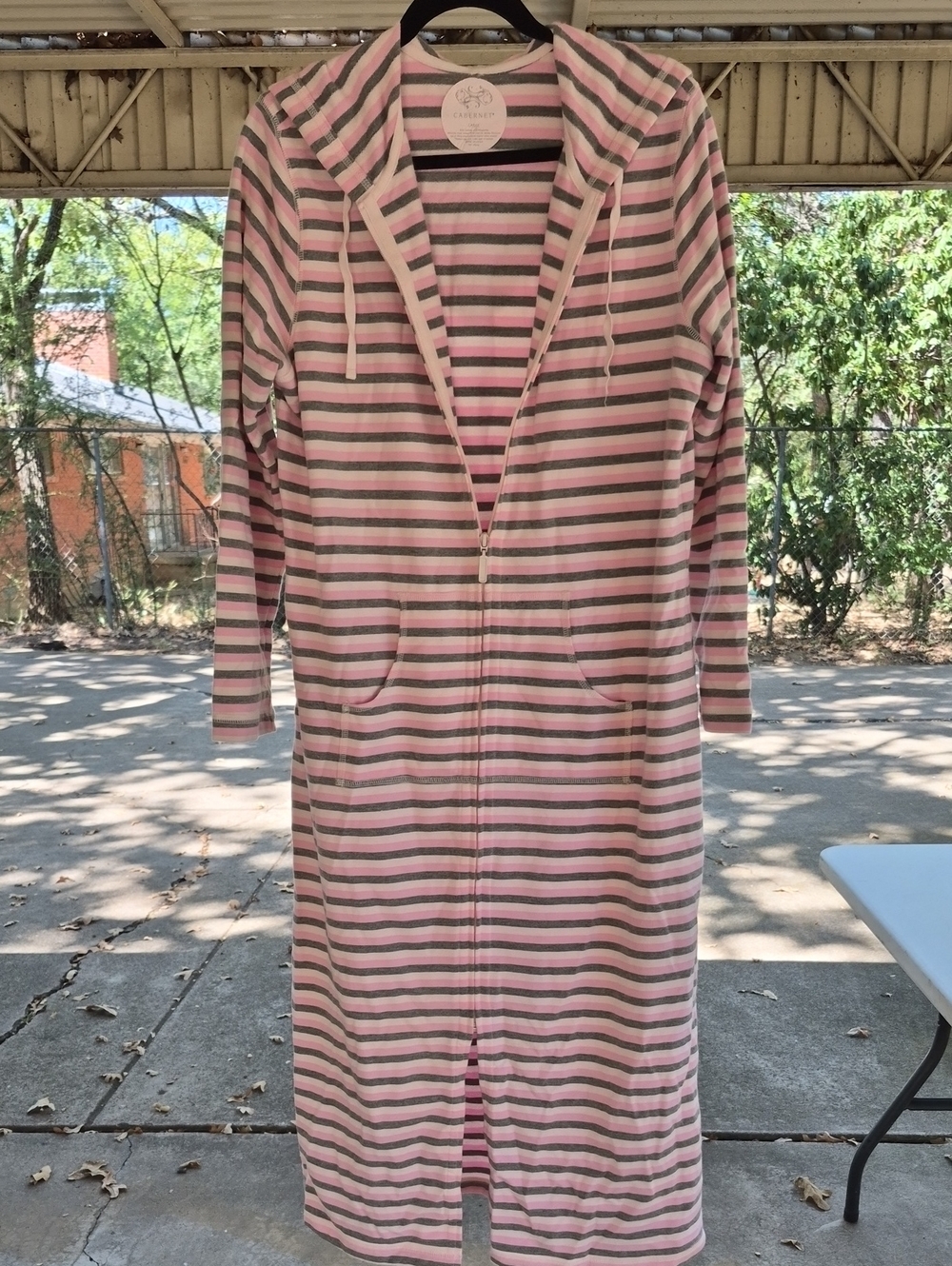Cabernet Long Zip-Front Hooded Dress in Pink and Gray Stripes